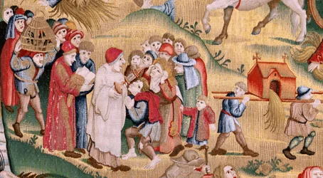 Vlámský gobelín. Série Čtyři gobelíny podle Hieronyma Bosche. Soužení lidského života (Tribulaciones de la vida humana). Třetí tapisérie v sérii. Model Inspirován dílem Hieronyma Bosche. Výroba neznámá dílna, Brusel. Před rokem 1560