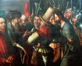 Kristus přivedený před Piláta, Hieronymus Bosch (kolem 1450-1516), olej na desce, 61x77 cm. Holandsko