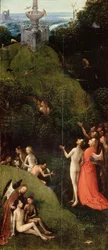 Pozemský ráj. Z: Čtyři vize posmrtného života od Hieronyma Bosche (asi 1450-1516). Rozměry: 88,5 x 39,8, asi 1490-1510, Palazzo Grimani, Benátky