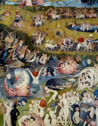 Muži a ženy užívající si rozkoší Země. Detail střední části triptychu „Zahrada pozemských rozkoší“ od Hieronyma van Aekena, zvaného Hieronymus Bosch (1450-1516)
