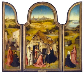 Klanění Tří králů neboli Zjevení Páně, triptych. Obraz Hieronyma Van Aekena (Aken), zvaného Hieronymus Bosch (1450-1516). 1510-1511. Madrid. Museo del Prado.