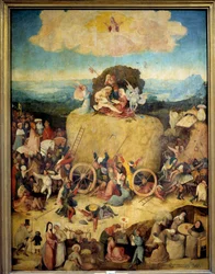 Alegorický vůz se senem s muži a ženami, kteří se snaží co nejlépe využít přítomný čas. Střední panel alegorického triptychu o minulosti a přítomnosti od Hieronyma Van Aekena (Akena), známého jako Hieronymus Bosch (1450-1516), kolem 1490. Madrid, muzeum