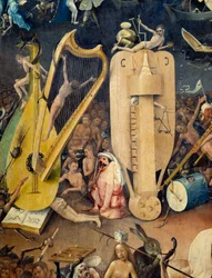 Pekelný detail pravé části triptychu „Zahrada pozemských lahůdek“ od Hieronyma Van Akena (Aken) dit Jerome Bosch (1450-1516)