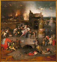 Triptych pokušení - střední část: pokušení svatého Antonína Velikého, též svatého Antonína Poustevníka nebo svatého Antonína Opata. Obraz Hieronyma van Aekena, zvaného Hieronymus Bosch (1450-1516), kolem roku 1500