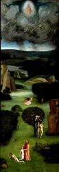 Tryptik Posledního soudu (Das Weltgerichts-Triptychon): levý panel představující Adama a Evu v ráji. Zezdola nahoru: stvoření (zrození) Evy, pokušení Adama a Evy (prvotní hřích) a jejich vyhnání z rajské zahrady. Horní: