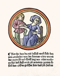 Žena krvácí. Xylografie převzata z „Buch de Surgery““ od Hyeronima Braunschweiga. Štrasburk 1497