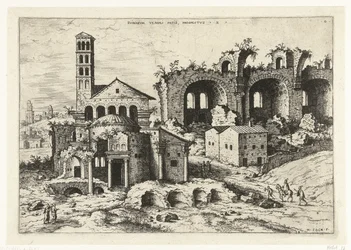 Pohled na Romulův chrám a Konstantinovu baziliku Rvinarvm Templi Pacis (...) (název na objektu) Římské ruiny (název série)