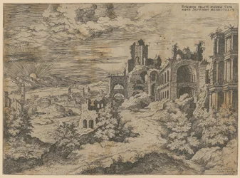 Zříceniny Palatina s panoramatickým výhledem na krajinu, list 3 ze série „Praecipua aliquot Romanae Antiquitatis Ruinarum Monimenta [...]“