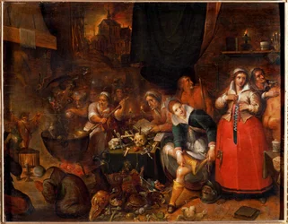 Čarodějnická kuchyně (malba na dubovém dřevě)