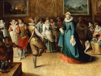 Taneční společnost - Hieronymus II Francken (1578-1623). Olej na dřevě, c. 1610. Rozměr : 41,5x54 cm. Uměleckohistorické muzeum, Vienne
