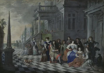 Postavy tvořící hudbu před palácem, 1672