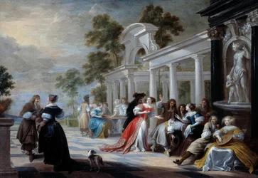 Hra Hot Hand Mladí lidé vlámské šlechty hrají v parku. Obraz Hieronyma Janssena dit le Dancer (1624-1693) 17. století Sun. 0,58x0,83 m