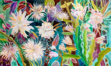 Night Flowering Moonflower, Peru, 2022 (barva a barva na hedvábí)