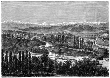 Pyreneje při pohledu z terasy hradu v Pau, Francie, 1879