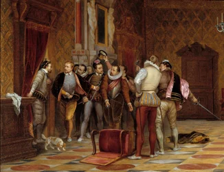Jindřich III. (1574-1589) s vrahy vévody z Guise (Jindřich I. Lotrinský, vévoda z Guise, zvaný Zjizvený)