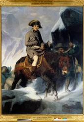 Portrét Napoleona Bonaparta (1769-1821) při přechodu Velkého svatobernardského průsmyku roku 1800. Obraz Paula Delaroche (1797-1856). 1848. Rozměry: 2,22 x 2,89 m.