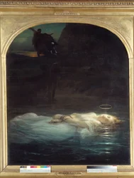 Mladý mučedník. Tělo mladého křesťanského mučedníka se svatozáří pluje na vodní hladině. 1855. Rozměry: 1,7 x 1,48 m. Paříž, Musée du Louvre.