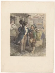 Dobře oblečený pán si zapaluje doutník z dýmky dělníka v hadrech Les extrêmes se touchent (nadpis na objektu) Litografické skici (název série) Croquis lithographiques (název série na předmětu)