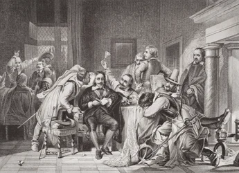 Karel I. (1600-49) ve strážnici uražený vojáky Olivera Cromwella, z „Ilustrace anglické a skotské historie“ svazek I