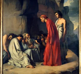 Dante a Vergilius v pekle aneb Dante, vedený Vergiliem, poskytuje útěchu duším závistivých. Ilustrace Pekla z Božské komedie (Divina Comedia) Danteho Alighieriho (1265-1321). Obraz Hippolyta Flandrina (1809-1864), 19. století, rozměry 2