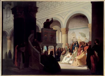 Savonarole (1452-1498) kazatel v San Miniato ve Florencii. Jerome Savonarole, italsky Girolamo Savonarola (1452-1498), dominikánský bratr a italský prediktor, který řídí Florencii v letech 1494 až 1498. Obraz Hippolyte Flandrina (1809-1864)