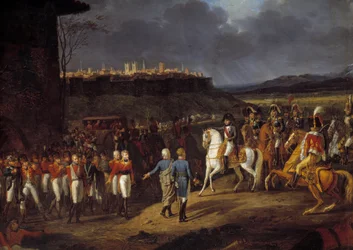 Španělské tažení: „“ Císař Napoleon I. byl představen ve španělské Astorze anglickým zajatcům a nařídil jim, aby se s nimi zacházelo se zvláštní péčí, leden 1809“ Detail. Obraz od Hippolyte Lecomta (1781-1857) 1810 Sun. 1,13x1,52 m