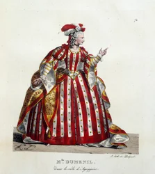 Francouzská herečka Marie Francoise Marchand zvaná Mademoiselle Dumesnil (1713-1803) v roli Agrippine v kusu „Britannicus“ od Jeana Racina (1639-1699) ve Francouzské komedii. Litografie od Hippolyte lecomte (1781-1857). Soukromá sbírka