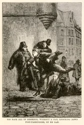 Jeho vlasy byly celé v nepořádku, bez klobouku, srážely chodce, na kterých běžel, z „Cesta kolem světa za osmdesát dní“ od Julese Verna (1828-1905), vyryl Louis