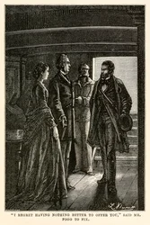 „Lituji, že vám nemohu nabídnout nic lepšího,“ řekl pan Fogg Fixovi, z knihy Cesta kolem světa za osmdesát dní“ od Julese Verna (1828-1905), vyrytého Henri-Théophilem Hildebrandem (1824-97)