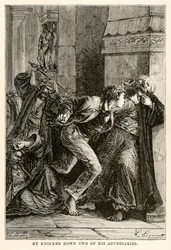 Srazil dva ze svých protivníků, z knihy Cesta kolem světa za osmdesát dní od Julese Verna (1828-1905), rytina Louise Dumonta (nar. 1822), 1873