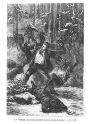 Francouz dokázal tři z nich zploštit úderem, ilustrace z knihy Cesta kolem světa za osmdesát dní od Julese Verna (1828-1905) vyryla Henri Theophile Hildibrand (1824-97) 1873 (rytina