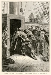 Následuje Passepartout s křídly na zádech, z filmu Cesta kolem světa za osmdesát dní od Julese Verna (1828-1905), vyrytý Adolphem Françoisem Pannemakerem (1822-1900), 1873
