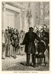 Tady jsem pánové, řekl, z knihy Cesta kolem světa za osmdesát dní od Julese Verna (1828-1905), vyryté Henri-Théophilem Hildebrandem (1824-97), 1873