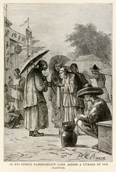 Na procházce Passepartout narazil na řadu starých domorodců, z knihy Cesta kolem světa za osmdesát dní od Julese Verna (1828-1905), vyryl Adolphe François Pannemaker (1822-1900), 1873