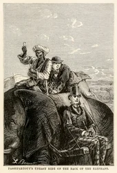 Pasparty neklidná jízda na hřbetě slona, z knihy Cesta kolem světa za osmdesát dní od Julese Verna (1828-1905) vyryla Adolphe François Pannemaker (1822-1900) 1873