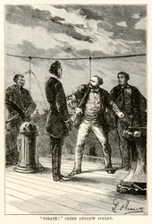 „Piráti!“ zvolal Andrew Speedy, z románu Cesta kolem světa za osmdesát dní od Julese Verna (1828-1905), rytina Louise Dumonta (nar. 1822), 1873