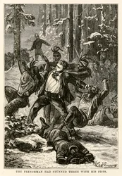 Francouz omráčil tři pěstmi, z knihy Cesta kolem světa za osmdesát dní od Julese Verna (1828-1905), kterou vyryl Henri-Théophile Hildebrand (1824-97), 1873