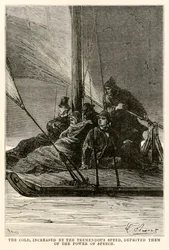 Chlad, umocněný ohromnou rychlostí, je připravil o sílu řeči, z knihy Cesta kolem světa za osmdesát dní od Julese Verna (1828-1905), kterou vyryl Adolphe François Pannemaker (1822-1900),