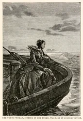 Mladá žena, sedící na zádi, se ztratila v kontemplaci, z knihy Cesta kolem světa za osmdesát dní od Julese Verna (1828-1905), rytina Jean Louis Prevost, (1790-1850), 1873