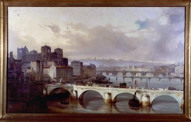 Průvod procházející na mostě arcibiskupství v Lyonu - obraz Hyppolyte Leymarie, cca 1835-1840, Gadagne Museum v Lyonu.