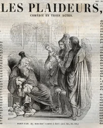 Les Plaideurs (1668) komedie o třech dějstvích – rytina do „Díla Jeana Racina““, ilustrovaná Pauquetem a upozornění Emile de La Bedolliere – 1851