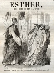 Scéna z Esther, tragédie od Jeana Racina (1639–1699) – rytina v „Dílech Jeana Racina““, ilustrovaná Pauquetem a upozornění Emile de La Bedolliere – 1851