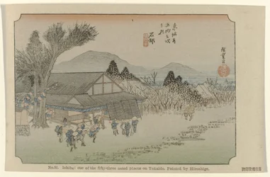Ishibe č. 52. Ishibe: jedno z padesáti tří známých míst na Tokaidu, namaloval Hiroshige (název na objektu) De Tôkaidô van Hiroshige (název série) Hiroshige no fude Tôkaidô (název série na objektu)