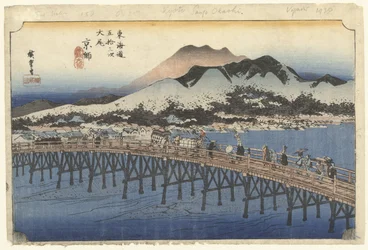 Kyoto, de grote brug bij Sanjo Kyoto, Sanjo Ohashi (název na objektu) De 53 stanic van de Tokaido (název série) Tokaido gojusan tsugi no uchi (název série na objektu)