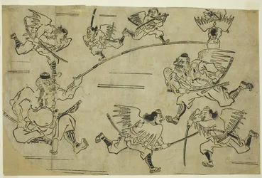 Král Tengu trénuje své žáky, kolem roku 1690