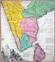 Mapa Indického poloostrova, 1733 (ručně kolorovaná rytina)