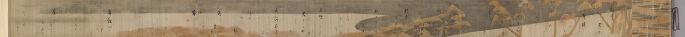 Výběr ze Sbírky japonských básní starých a moderních dob (Kokin wakashū) s motivem borovic podél břehu