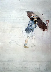 The Rain (akvarel s barvou těla a tužkou na papíře)