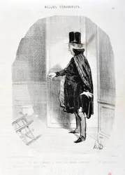 Umělecké dílo Honore Daumiera (1808-1879). Charivari pochází z roku 1842: Serie MORES CONJUALES „“ Nebe po třech měsících nepřítomnosti nacházím svou ženu v demenageu a jaké vzpomínky omývám jejím velkým Bohem! “” MUZEUM VÝTVARNÉHO UMĚNÍ - PALACE LONGCHAMP