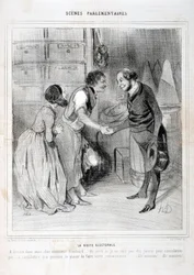 Umělecké dílo Honore Daumiera (1808-1879). Charivari pochází z roku 1843: Serie SCENES PARLAMENTARY. Volební návštěva. MUZEUM VÝTVARNÉHO UMĚNÍ - PALACE LONGCHAMP, MARSEILLE